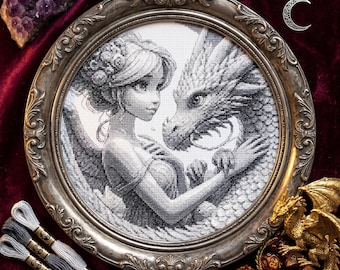 Dragon Cross Stitch Pattern, Gothic Fantasy Girl PDF, 300×300 Stitches, Instant Download, Fantasy Embroidery, Book Lover Gift