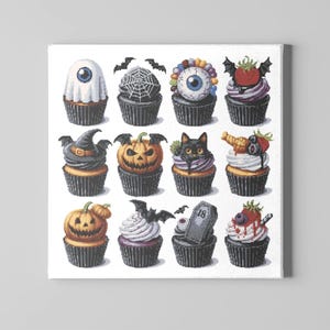 Kruissteekpatroon Halloween-cupcakes: griezelige dessertontwerpen (pdf direct downloaden)
