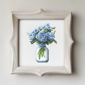 Blue Roses in a Jar Cross Stitch Pattern, Blue Roses Embroidery Design PDF, floral easy counted cross stitch, mini cross stitch pattern