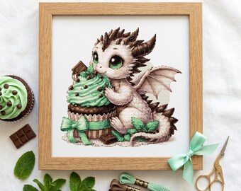 Cupcake Dragon Cross Stitch Pattern – Mint Chocolate Baby Dragon PDF 250×250 Stitches | Instant Download