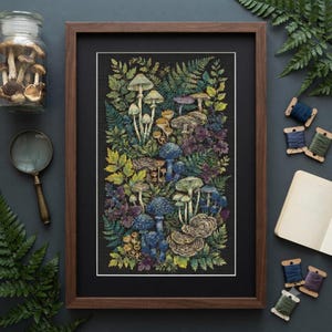 Mushroom Cross Stitch Pattern, Dark Academia, Botanical Design PDF, Instant Download, 185x300 Stitches
