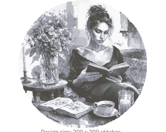 Cozy Woman Reading Cross Stitch Pattern – Elegant Monochrome Design (PDF Download PDF 200×200 Stitches | Instant Download
