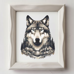 May include: A black and white illustration of a wolf's head with blue eyes, surrounded by a forest scene with a lake in the background.