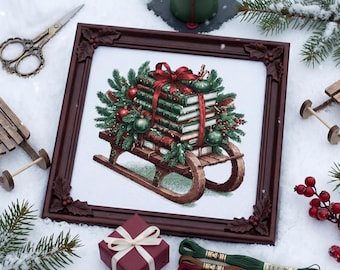 Vintage Christmas Sled Cross Stitch Pattern – Books & Pine PDF 300×300 Stitches | Instant Download