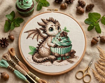 Baby Dragon Cupcake Cross Stitch Pattern – Mint Chocolate Earthy Dragon PDF 200×200 Stitches | Instant Download