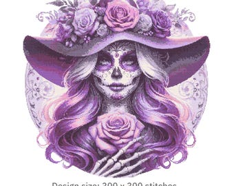 Sugar Skull Cross Stitch Pattern – La Catrina Floral PDF 300×300 Stitches | Instant Download