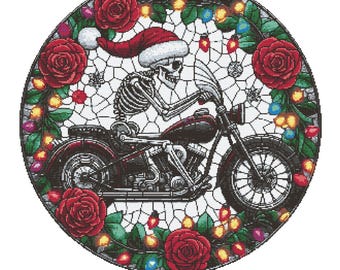 Motorcycle Roses Cross Stitch Pattern – Biker Floral Wreath Embroidery PDF 300×300 Stitches | Instant Download