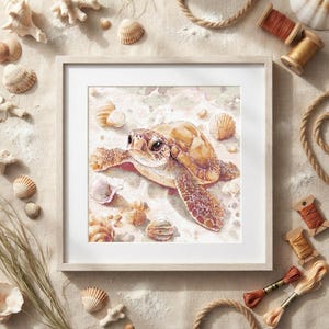 Sea Turtle Cross Stitch Pattern – Turtle Cross Stitch Pattern – Sea Turtle with Seashells on Sand PDF 250x250 Stitches | Instant Download