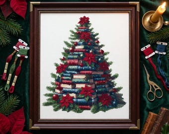 Book Lover Cross Stitch Pattern Christmas Tree PDF | Literary Gift Holiday Embroidery Instant Download