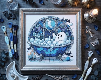 Gothic Ghost Cross Stitch Pattern, Stained Glass Spirit PDF, Halloween Decor, Spooky Embroidery, Printable Counted Cross Stitch Design