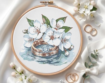 Wedding Rings Cross Stitch Pattern – Apple Blossom Bridal Keepsake PDF 200×183 Stitches | Instant Download