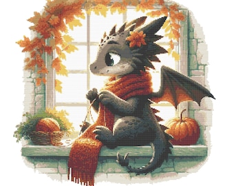 Dragon Cross Stitch Pattern – Cozy Autumn Window Scene PDF 270×270 Stitches | Instant Download