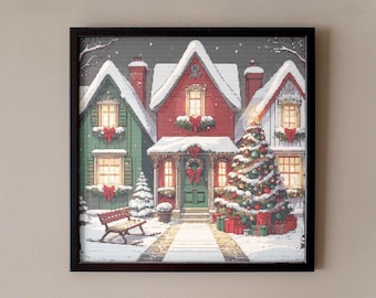 Winter Village Cross Stitch Pattern – Snowy Houses Scene PDF 250×250 Stitches | Instant Download