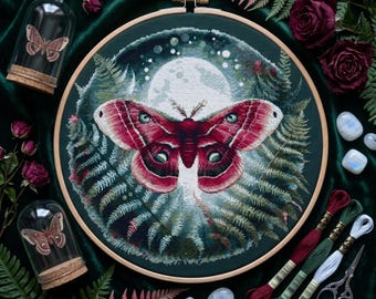 Crimson Moth Cross Stitch Pattern – Moonlit Forest PDF 300×300 Stitches | Instant Download