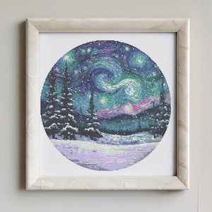 Northern Lights Cross Stitch Pattern, Aurora borealis cross stitch, Round Aurora Landscape Cross Stitch Pattern, Landscape scenery  Stitch