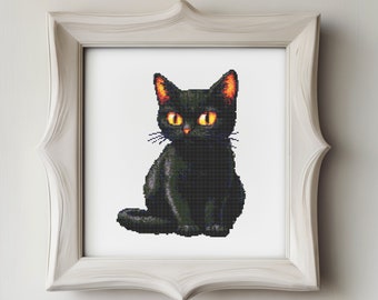 Halloween Black Cat Cross Stitch Pattern – DIY Embroidery PDF 118×150 Stitches | Instant Download