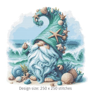 May include: A cross-stitch design of a whimsical gnome with a long white beard and a teal hat adorned with seashells and starfish. The gnome is set against a beach scene with ocean waves and sand. The design size is 250 x 250 stitches.