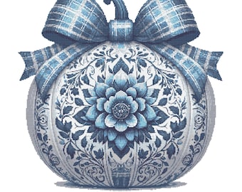 White Pumpkin Cross Stitch Pattern – Blue Floral Autumn Design (PDF Pattern PDF 300×300 Stitches | Instant Download