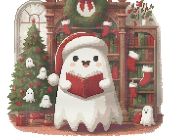 Christmas Ghost Cross Stitch Pattern – with Bookshelf and Santa Hat, Holiday PDF Embroidery Design PDF 160×160 Stitches | Instant Download