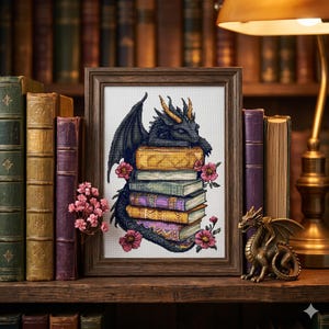 Dragon Cross Stitch Pattern PDF Book Lover Gift Fantasy DND Embroidery Instant Download Bookish Medieval Decor Dungeons and Dragons