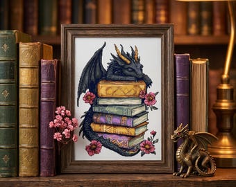 Dragon Cross Stitch Pattern PDF Book Lover Gift Fantasy DND Embroidery Instant Download Bookish Medieval Decor Dungeons and Dragons
