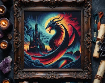 Dark Dragon Castle Cross Stitch Pattern – Epic Fantasy Gothic PDF 300×300 Stitches | Instant Download