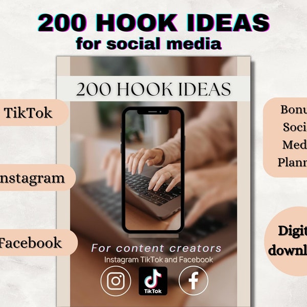 200 Hooks For Social Media Content Creation | Hook Ideas | Instagram, TikTok Hooks | Video Hooks,Reel Hooks, Social Media Planner