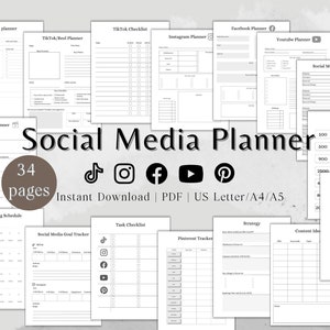 Printable Social Media Planner Bundle, TikTok Planner, Instagram, Youtube, Facebook, Pinterest, Content Planner, Tracker, Calendar, Blogger