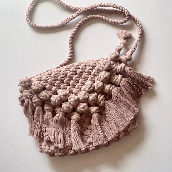 Gypsy Macrame Handbag, Bohemian Knotted Purse, Fringed Summer Bag in Smoky Pink Mauve Color