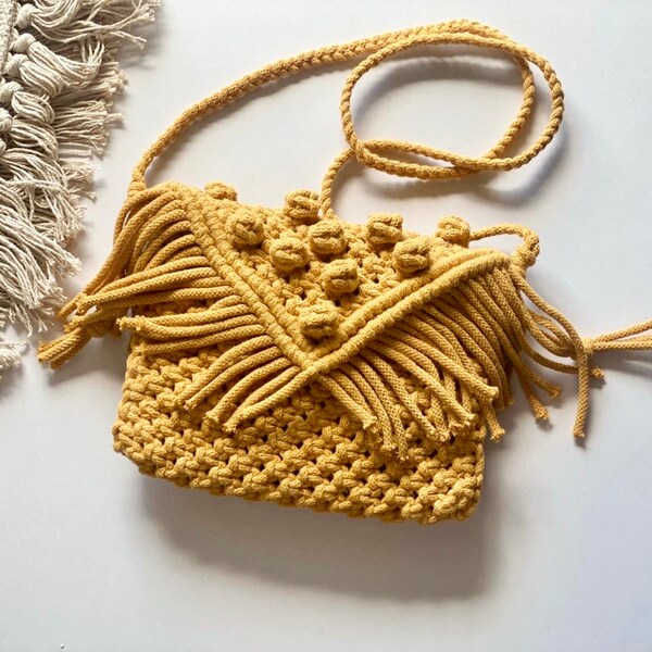 Fringe Hippie Purse Macrame Summer Handbag Handwoven Bohemian Bag Mustard Yellow Clutch