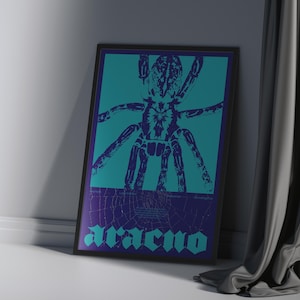 May include: Framed poster featuring a teal and purple spider illustration. The word "aracno" is displayed in a gothic font at the bottom. The artwork is leaning against a white wall next to a gray curtain.