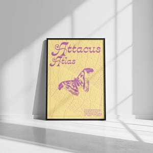 Può includere: Un poster incorniciato con le parole "Attacus Atlas" in corsivo viola. Il poster presenta un'illustrazione di farfalla viola su sfondo giallo con una texture screpolata. La cornice è nera.