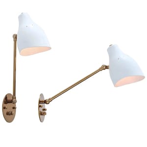 May include: Two white wall-mounted lamps with gold arms and bases. The lamps have a modern design and are adjustable.