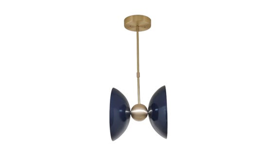 Flush mount pendant ceiling fixture blue shade disc Light - Long arm Mid century pendant light - Brass chandelier Flush mount light fixture