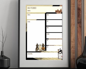 Peut inclure: Planificateur quotidien encadré sur le thème d'Halloween. Le cadre est noir, avec un intérieur blanc et une bordure décorative. Il comprend des sections pour les semaines, les objectifs, les listes de tâches et les entrées quotidiennes. Des illustrations sur le thème d'Halloween sont incluses.
