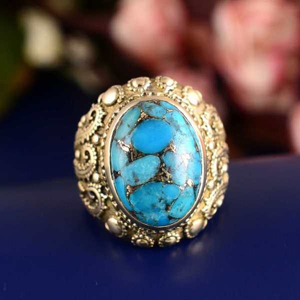 Turquoise Cocktail Ring | Boho Style Statement Jewelry | Handcrafted Gemstone Ring | Empowering Accessories