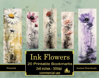 Ink Flowers - Printable Bookmarks - Bookmark Designs - Digital download - Sublimate Cricut Silhouette Print and Cut - Bundle of 20