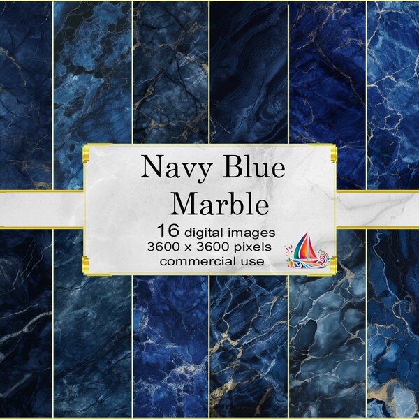 Navy Blue Marble - Digital paper - Instant download - Commercial use - Bundle of 16