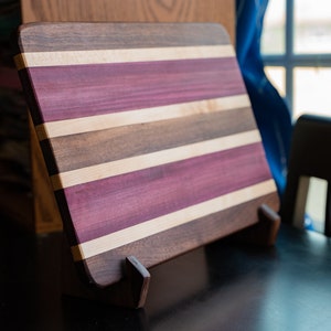 Large 12" x 18" and 3/4" thick Walnut, Maple and Purpleheart Cutting Board with Walnut Stands Gift for him/her