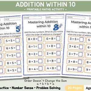 Addition Within 10 Worksheets | 20 Printable Math Activities | Kindergarten Homeschool Practice | Basic Addition Facts Ages 4–6 (PDF)