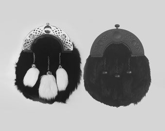 Black Rabbit Fur Scottish Kilt Sporran: Chrome Cantle, White Tassels