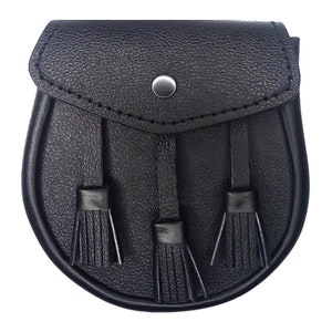 Scottish Handmade - Black Leather Kilt Sporran - Unique Texture Bag - Three Tassel for Kilt with Free Chain Belt