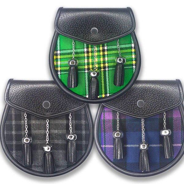 traditional scottish sporran | pure black leather sporran | kilt sporran | tartan sporran | handmade bag | 3 tassels | free chain strap