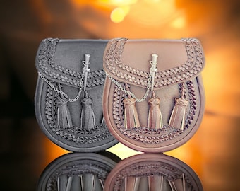 Kilt Sporran de cuero escocés: diseño celta trenzado con borlas