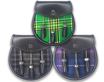 Handmade Tartan Kilt Sporran: Black Leather Scottish Bag with Chain