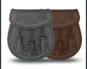 Handmade  SPORRAN black and brown leather  with a Scottish kilt DAY SPORRAN: With Chain Strap; Kilt; Celtic; Embossed Sporran