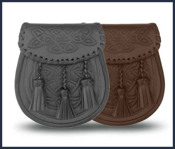Handmade  SPORRAN black and brown leather  with a Scottish kilt DAY SPORRAN: With Chain Strap; Kilt; Celtic; Embossed Sporran