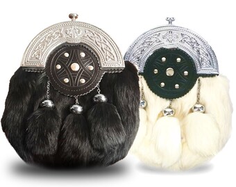 Scottish Sporran With 3 Black and White Tassels, & Chrome Cantle, Gift Sporran,
