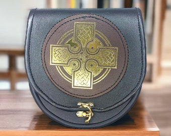 Leather Kilt Sporran: Scottish Celtic Gold Cross Embroidery, Chain Belt