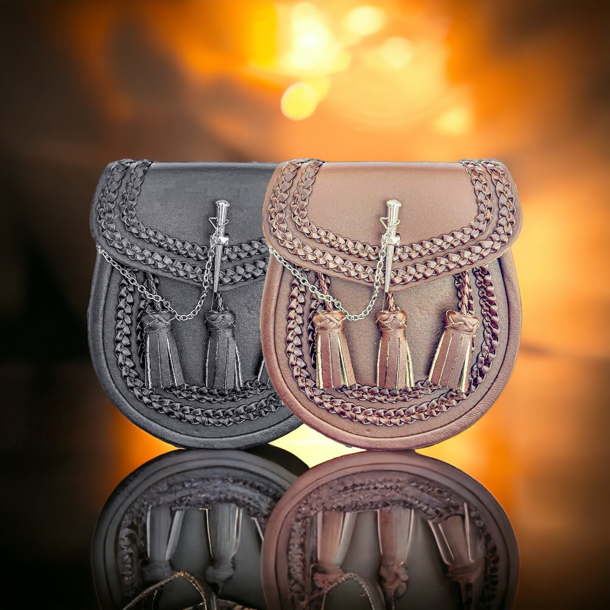 Scottish Celtic Kilt Sporran, Leather Sporran, With 3 Tassels, Braided ...